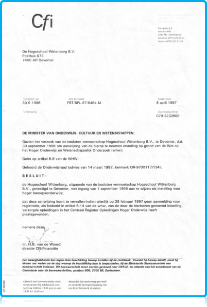 Original CFI Status Wittenborg University as Hogeschool Wittenborg