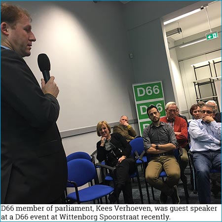 D66 member of parliament, Kees Verhoeven, was guest speaker at a D66 event at Wittenborg Spoorstraat recently. D66 member of parliament, Kees Verhoeven, was guest speaker at a D66 event at Wittenborg Spoorstraat recently.