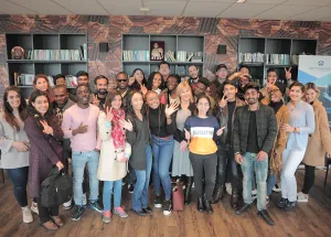 An international group of students ready to learn abroad in the Netherlands.